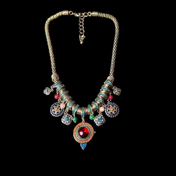 Jewelry - Gold Tone Necklace W/ Jewel Tone Beaded & Rhinestone Charms and Medallions